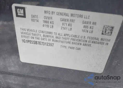 2014 Chevrolet Cruze 2Lt Auto z USA, uszkodzony, nr VIN 1G1PE5SB7E7312397